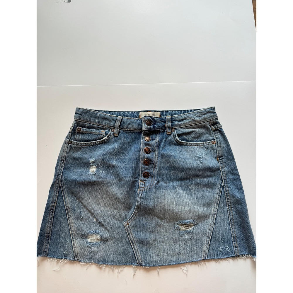 We The Free Free People Denim Mini Skirt Distressed Button Fly Blue Size 29